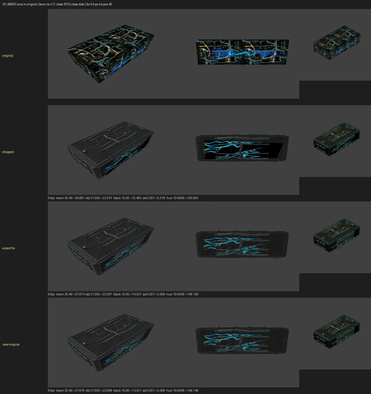 Round 2: the blue arc sheets drew as dark slabs in the engine. Cause found (blending off + RGB effects), fixed with luma-alpha effects.
