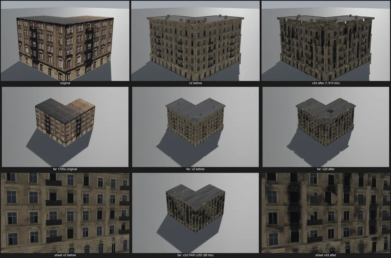 The sandstone block with balconies and pilasters, then battle damage you can read from the street: scorch, broken windows, shell holes. Far LOD is 98 triangles.