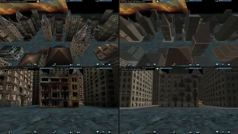 Left: 1998. Right: rebuilt towers with real geometry. Still too clean and flat, so bigger jagged holes and rust scorch are next.