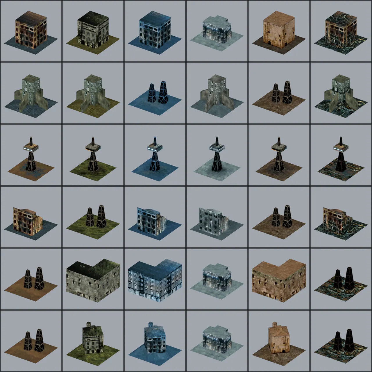 Survey of the original sets before we touched anything: about 400 building meshes in total.