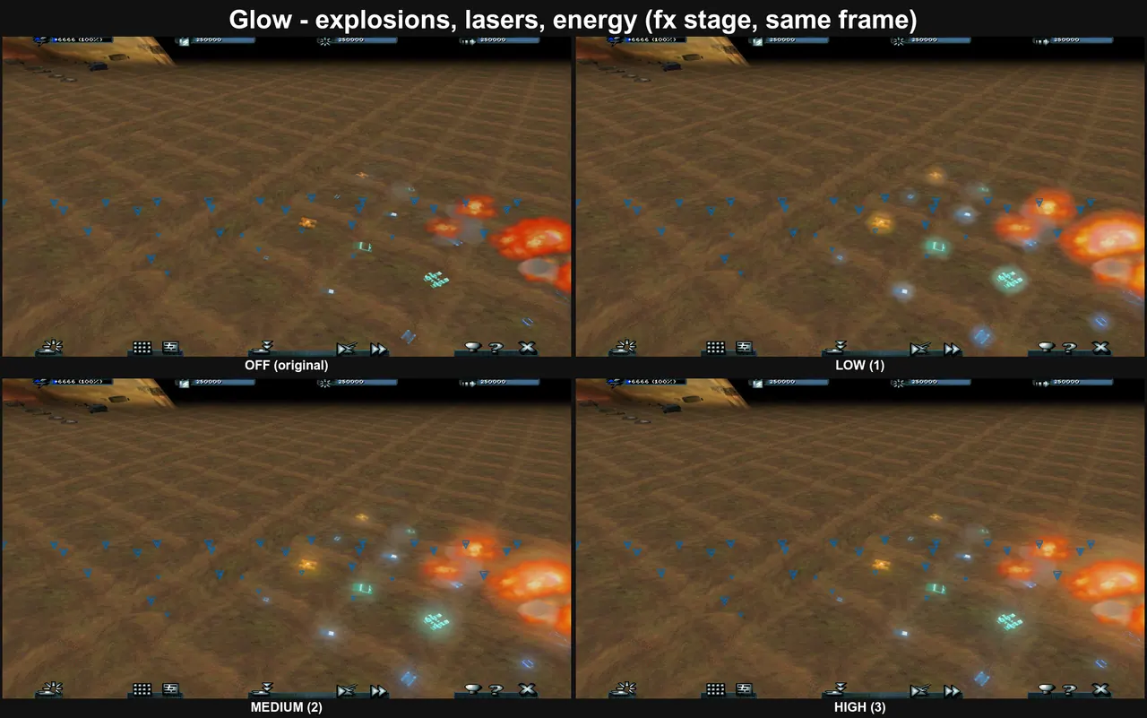Same frame at four glow levels. Only fire, energy and lasers glow; map markers stay crisp. Higher levels will mean more glow.