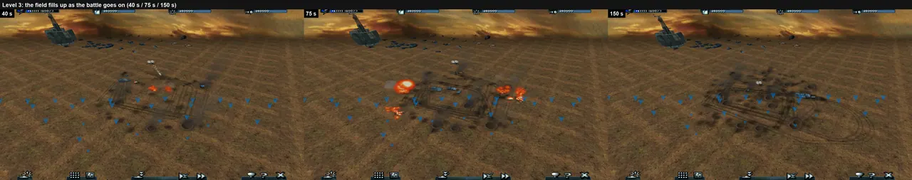 The same field at 40 s, 75 s and 150 s: scorch, craters, wreck smoke. Marks fade after about six minutes.