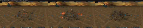 The same field at 40 s, 75 s and 150 s: scorch, craters, wreck smoke. Marks fade after about six minutes.