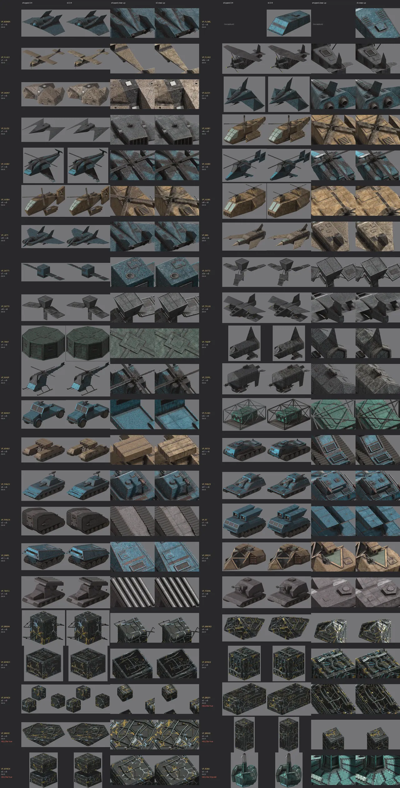 Every vehicle before and after the shared 'surface v5' wear pass: dust, chips, rivets, grime streaks from seams. Happy with that one for all of them.