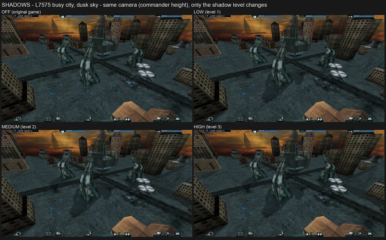 Same camera over a dusk city. The 1998 game had none. Soft edges, 20% darkness, off in Original, Low and VR.