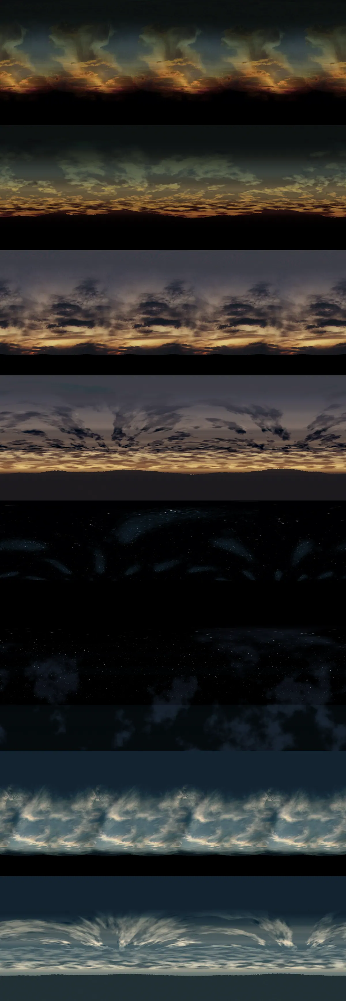 Each pair: the 1998 sky, then a new procedural panorama colour-matched to it. No more stretched, repeating clouds.
