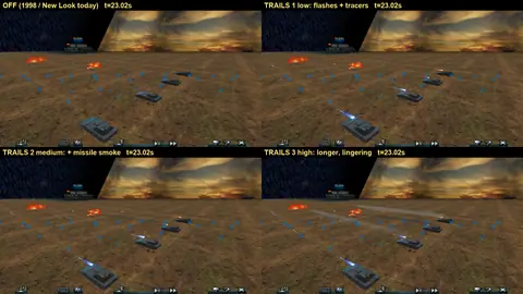 1998 had no muzzle flash and no tracers. Now: faction-coloured flashes, realistic tracers, missile smoke for about 4 s.