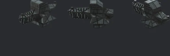 Top row: the 1998 Black Sect Host Station. Bottom row: our rebuild, same ten angles. The Black Sect keeps its human-style guns on new pylons.