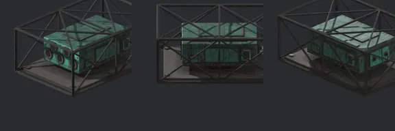 Top row: the 1998 Flak tower. Bottom row: our rebuild, same ten angles. Open frame, mid-grey.