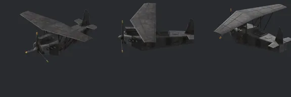 Top row: the 1998 Hetzel. Bottom row: our rebuild, same ten angles. v6b: wing textures closer to the original, dark panel lines, faint blue trace.