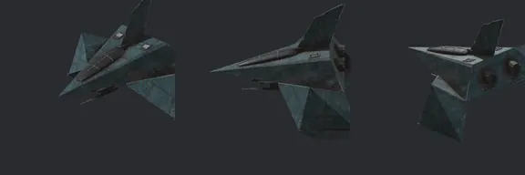 Top row: the 1998 Warhammer. Bottom row: our rebuild, same ten angles. Delta glider, STRONGARM missile mount at the original fire point.