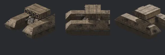 Top row: the 1998 Tekh. Bottom row: our rebuild, same ten angles. Ghorkov tank. Five rounds of tuning never found the mud look, so a shared wear layer was built for every unit instead.