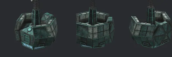 Top row: the 1998 Resistance Host Station. Bottom row: our rebuild, same ten angles. v5: light-white plates, painted stripes, a bigger satellite dish, guns up on a pole.