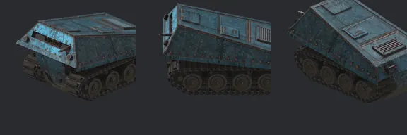 Top row: the 1998 Wiesel. Bottom row: our rebuild, same ten angles. Batch 1. Slit launcher kept readable, original blue hue held at game distance.