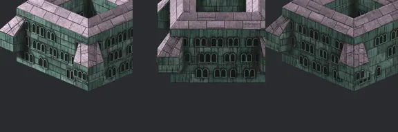 Top row: the 1998 Taerkasten Host Station. Bottom row: our rebuild, same ten angles. Round-arched windows like the original, green stone a touch whiter.