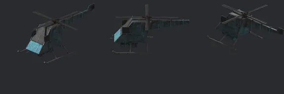 Top row: the 1998 Wasp. Bottom row: our rebuild, same ten angles. Resistance helicopter, rotor disc and FIRESTORM rocket pods.