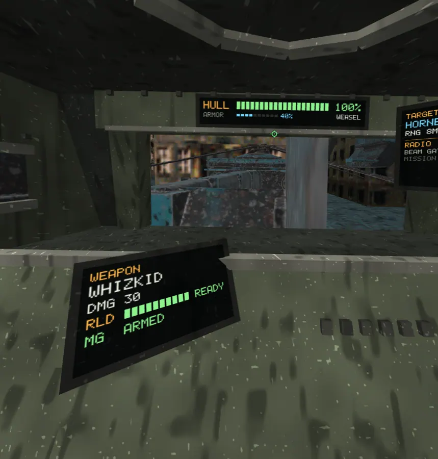 Real headset eye capture: open cockpit frame, readable dash, target card. P4 took Quest frame rate from 41 to 120 fps.