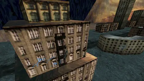 A flight over CITY1 blocks at dusk, from the Mykonian arcs capture.