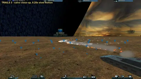 A rocket salvo slowed down, trails on full.